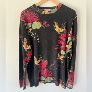 KnitWit Black 100% Cashmere Knit Crewneck Eclectic Sweater With Crane Graphic
